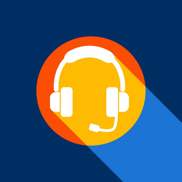 Support sign illustration. Vector. White icon on tangelo circle with infinite shadow of light at cool black background. Selective yellow and bright navy blue are produced.