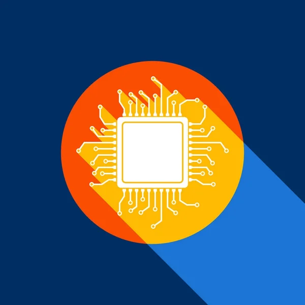 Illustration du microprocesseur CPU. Vecteur. Icône blanche sur cercle tangelo avec ombre infinie de lumière sur fond noir froid. Jaune sélectif et bleu marine brillant sont produits . — Image vectorielle