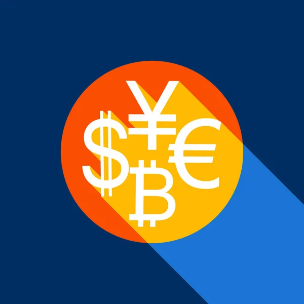 Valuta logga samling dollar, yen, euro, bitcoin. Vektor. Vit ikon på tangelo cirkel med oändlig skugga av ljus på cool svart bakgrund. Selektivt gult och ljusa marinblå produceras. — Stock vektor