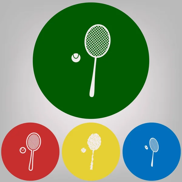 Raqueta de tenis con rótulo de pelota. Vector. 4 estilos blancos de icono en 4 círculos de colores sobre fondo gris claro . — Vector de stock