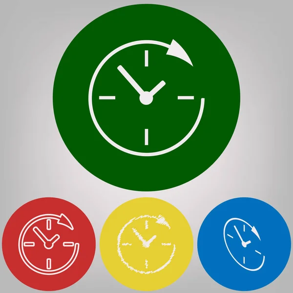 Обслуживание и поддержка клиентов круглосуточно и 24 часа в сутки. Вектор. 4 белых стиля иконки на 4 цветных кругах на светло-сером фоне . — стоковый вектор