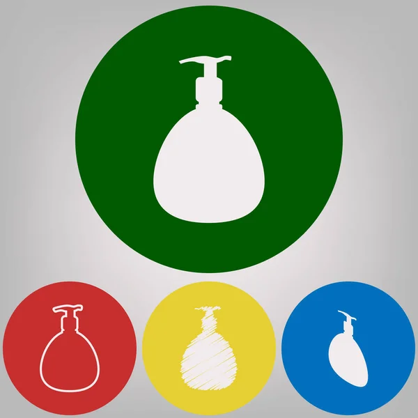 Gel, Schaum oder Flüssigseife. Spender Pumpe Kunststoffflaschensilhouette. Vektor. 4 weiße Symbolstile bei 4 farbigen Kreisen auf hellgrauem Hintergrund. — Stockvektor