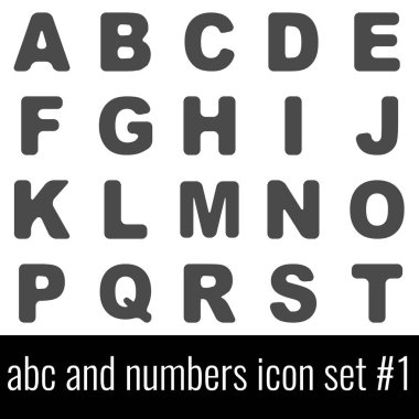 ABC ve numaraları. Simge 1 ayarlayın. Beyaz arka planda gri simgeleri.
