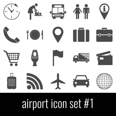 Havaalanı. Simge 1 ayarlayın. Beyaz arka planda gri simgeleri.