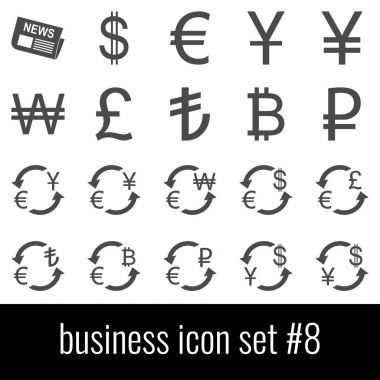 İş. Simge 8 ayarlayın. Beyaz arka planda gri simgeleri.