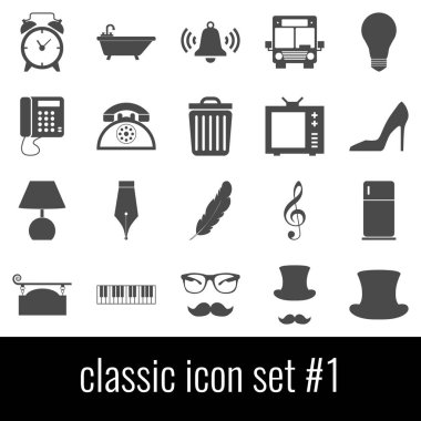 Klasik. Simge 1 ayarlayın. Beyaz arka planda gri simgeleri.