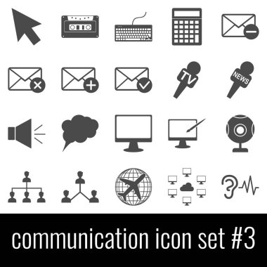 İletişim. Simge seti 3. Beyaz arka planda gri simgeleri.