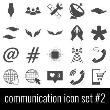 İletişim. Simge 2 ayarlayın. Beyaz arka planda gri simgeleri.