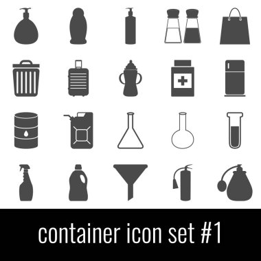 Kapsayıcı. Simge 1 ayarlayın. Beyaz arka planda gri simgeleri.