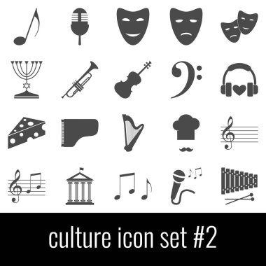 Kültür. Simge 2 ayarlayın. Beyaz arka planda gri simgeleri.