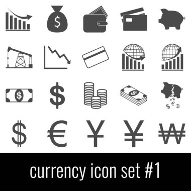 Para birimi. Simge 1 ayarlayın. Beyaz arka planda gri simgeleri.