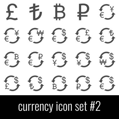 Para birimi. Simge 2 ayarlayın. Beyaz arka planda gri simgeleri.