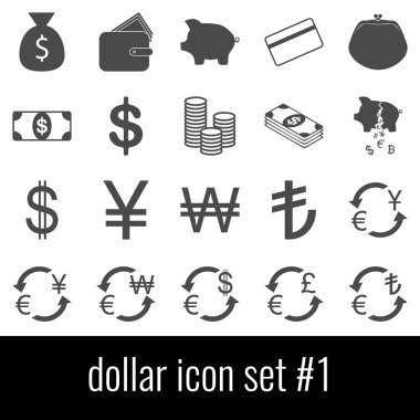 Dolar. Simge 1 ayarlayın. Beyaz arka planda gri simgeleri.