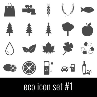 Eko. Simge 1 ayarlayın. Beyaz arka planda gri simgeleri.