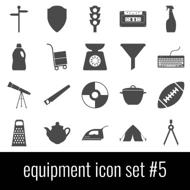 Ekipman. 5 simge seti. Beyaz arka planda gri simgeleri.