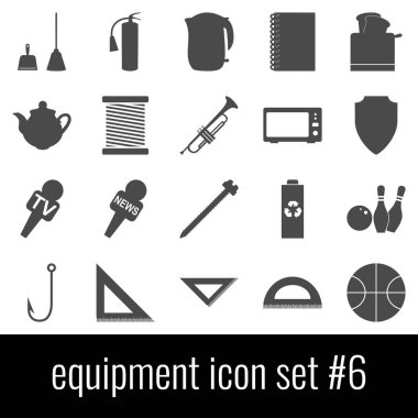 Ekipman. Simgesi 6 ayarlayın. Beyaz arka planda gri simgeleri.