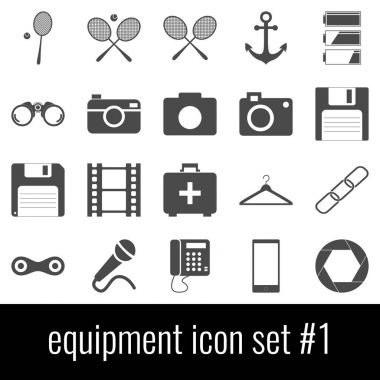 Ekipman. Simge 1 ayarlayın. Beyaz arka planda gri simgeleri.