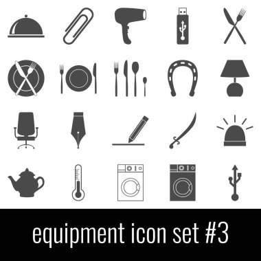 Ekipman. Simge seti 3. Beyaz arka planda gri simgeleri.