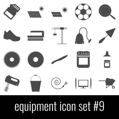 Ekipman. Simge 9 ayarlayın. Beyaz arka planda gri simgeleri.