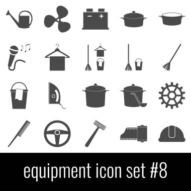 Ekipman. Simge 8 ayarlayın. Beyaz arka planda gri simgeleri.