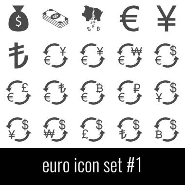 Euro. Simge 1 ayarlayın. Beyaz arka planda gri simgeleri.