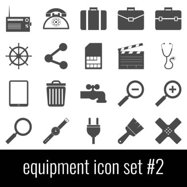 Ekipman. Simge 2 ayarlayın. Beyaz arka planda gri simgeleri.