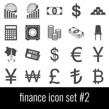 Finans. Simge 2 ayarlayın. Beyaz arka planda gri simgeleri.