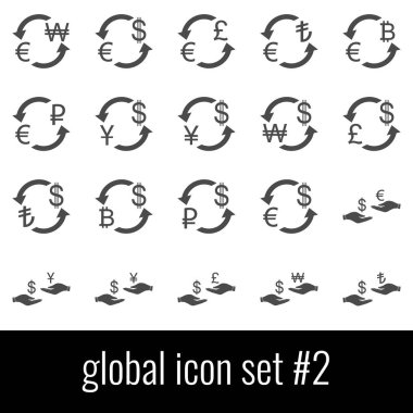 Küresel. Simge 2 ayarlayın. Beyaz arka planda gri simgeleri.