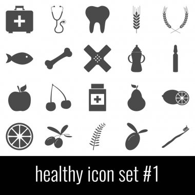 Sağlıklı. Simge 1 ayarlayın. Beyaz arka planda gri simgeleri.