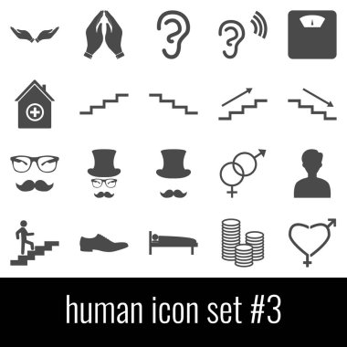 İnsan. Simge seti 3. Beyaz arka planda gri simgeleri.