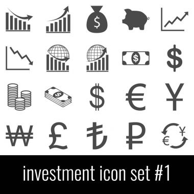 Yatırım. Simge 1 ayarlayın. Beyaz arka planda gri simgeleri.