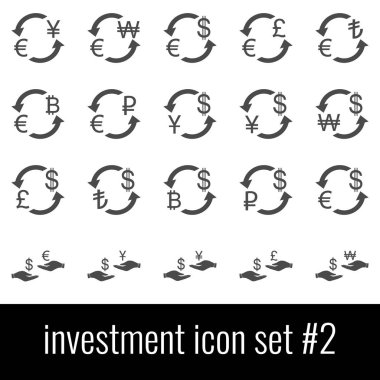 Yatırım. Simge 2 ayarlayın. Beyaz arka planda gri simgeleri.