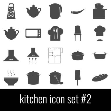 Mutfak. Simge 2 ayarlayın. Beyaz arka planda gri simgeleri.