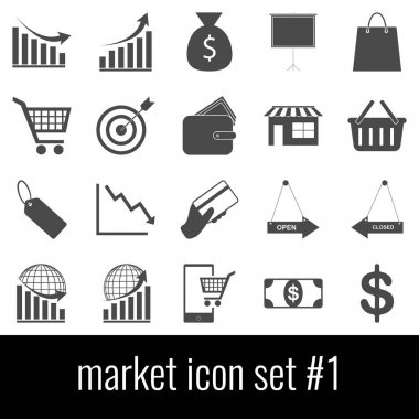 Pazar. Simge 1 ayarlayın. Beyaz arka planda gri simgeleri.