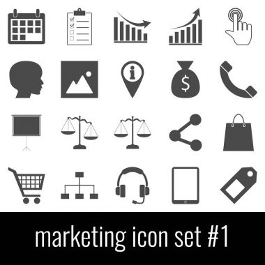 Pazarlama. Simge 1 ayarlayın. Beyaz arka planda gri simgeleri.