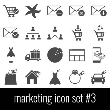 Pazarlama. Simge seti 3. Beyaz arka planda gri simgeleri.