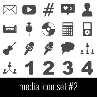 Medya. Simge 2 ayarlayın. Beyaz arka planda gri simgeleri.