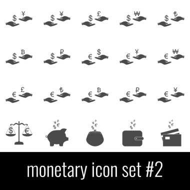 Parasal. Simge 2 ayarlayın. Beyaz arka planda gri simgeleri.