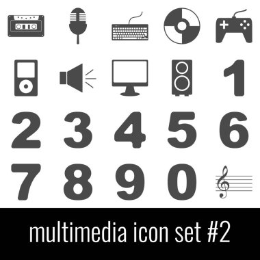 Multimedya. Simge 2 ayarlayın. Beyaz arka planda gri simgeleri.