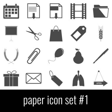 Kağıt. Simge 1 ayarlayın. Beyaz arka planda gri simgeleri.