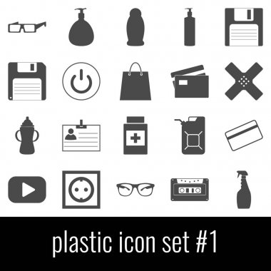 Plastik. Simge 1 ayarlayın. Beyaz arka planda gri simgeleri.