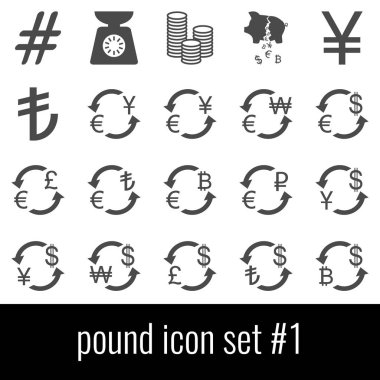 Pound. Simge 1 ayarlayın. Beyaz arka planda gri simgeleri.