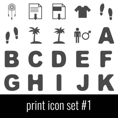 Yazdırın. Simge 1 ayarlayın. Beyaz arka planda gri simgeleri.