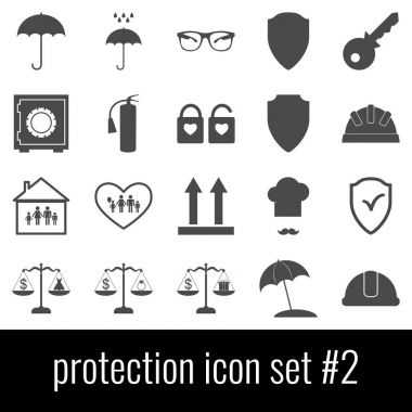 Koruma. Simge 2 ayarlayın. Beyaz arka planda gri simgeleri.