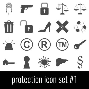 Koruma. Simge 1 ayarlayın. Beyaz arka planda gri simgeleri.