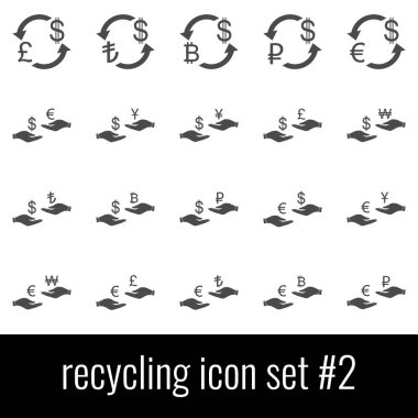 Geri dönüşüm. Simge 2 ayarlayın. Beyaz arka planda gri simgeleri.