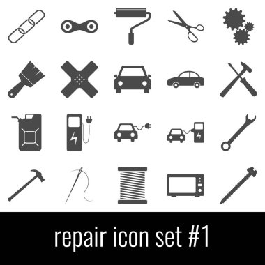 Onarım. Simge 1 ayarlayın. Beyaz arka planda gri simgeleri.