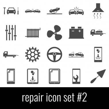 Onarım. Simge 2 ayarlayın. Beyaz arka planda gri simgeleri.