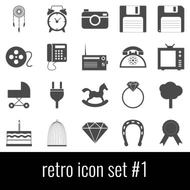 Retro. Simge 1 ayarlayın. Beyaz arka planda gri simgeleri.