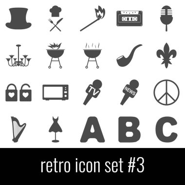 Retro. Simge seti 3. Beyaz arka planda gri simgeleri.